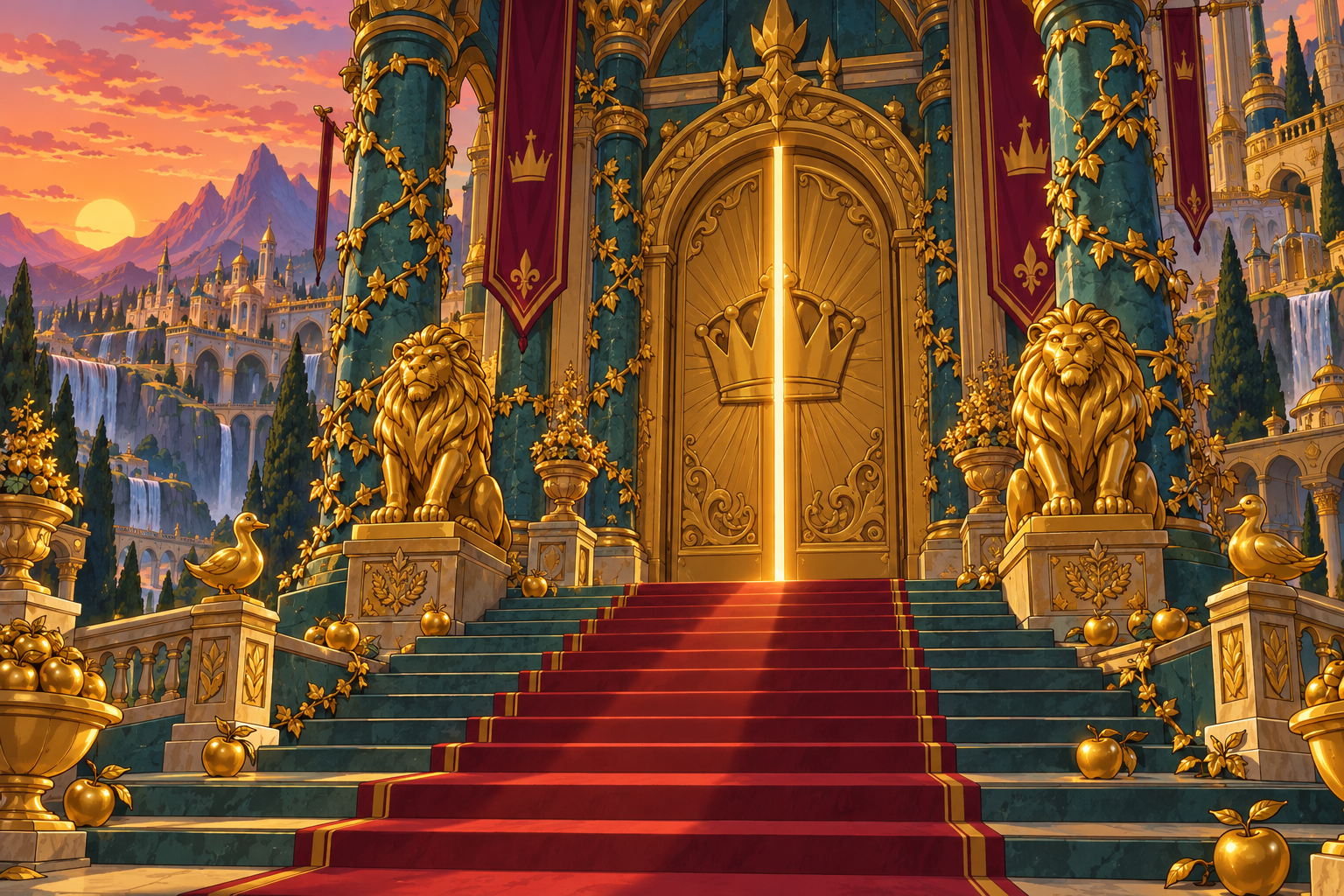 Golden palace gates at sunset