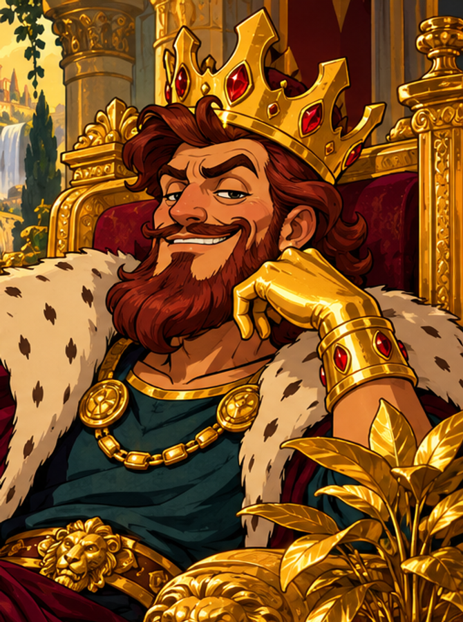 King Midas with a crooked crown and golden hand