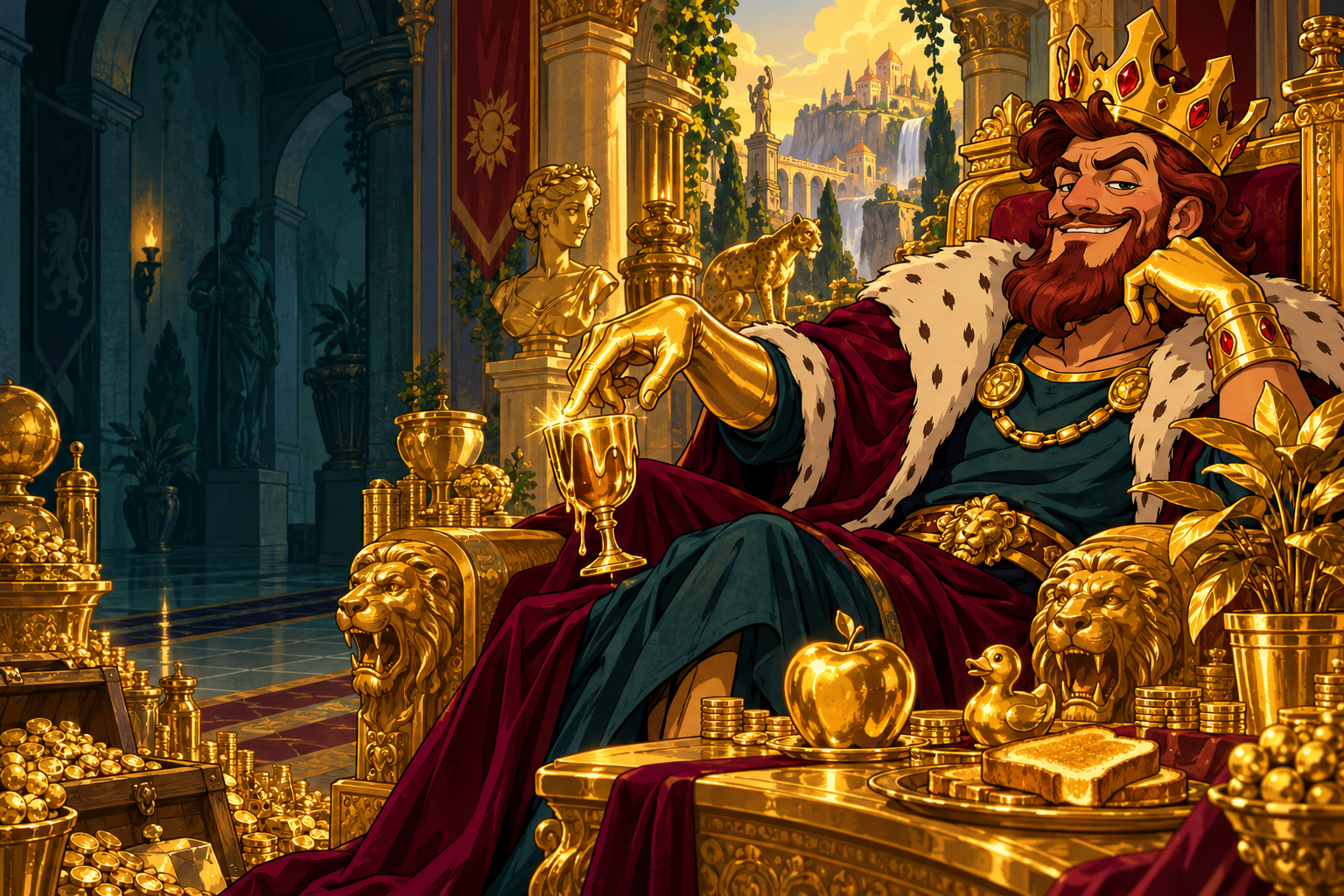 A smug cartoon King Midas turns a goblet to gold in his overdecorated palace